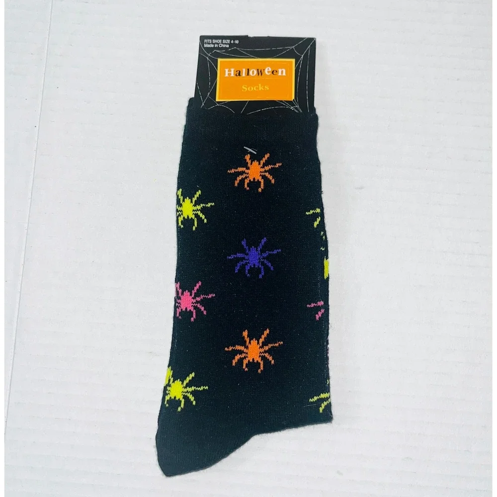Kohls Halloween Socks Womens Black Neon Spider Pattern Crew Socks Size 9-11 NEW